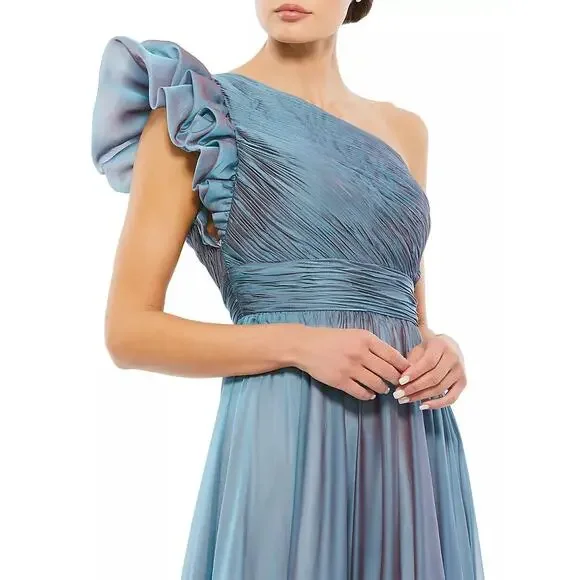 Mac Duggal One-Shoulder Tiered Chiffon Gown Fusion Blue Size 16 NWT